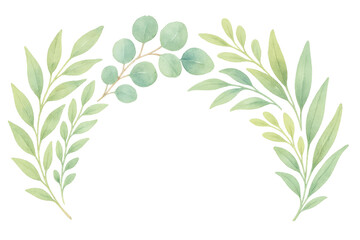 Watercolor painting features eucalyptus and green leaves forming a decorative border on a transparent background, perfect for adding a natural touch to designs