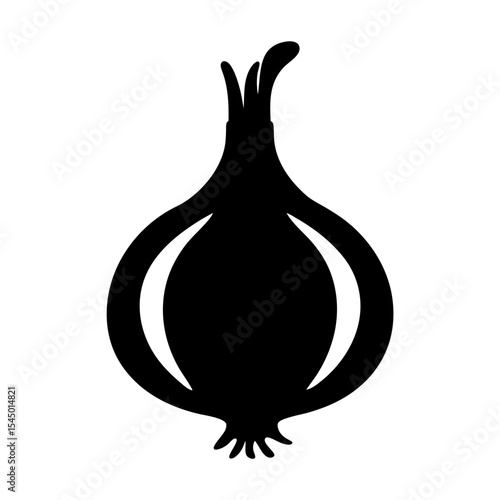 Simple graphic rendering of a black onion on a white background