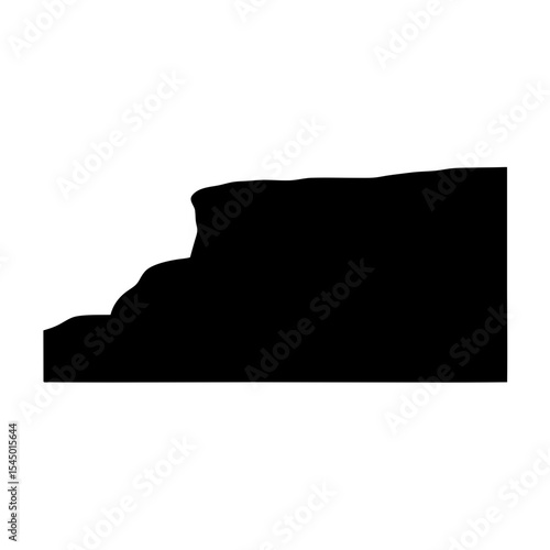 Monochromatic illustration of a cliff silhouette against a stark white background