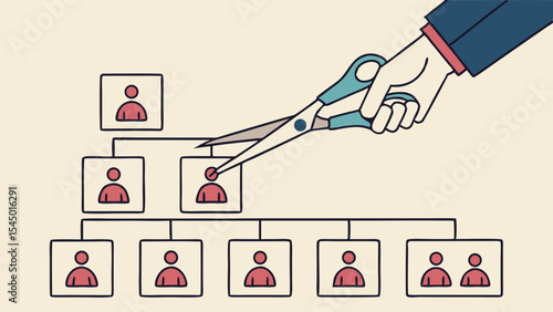 Cutting through corporate hierarchy with scissors symbolizes change and restructuring