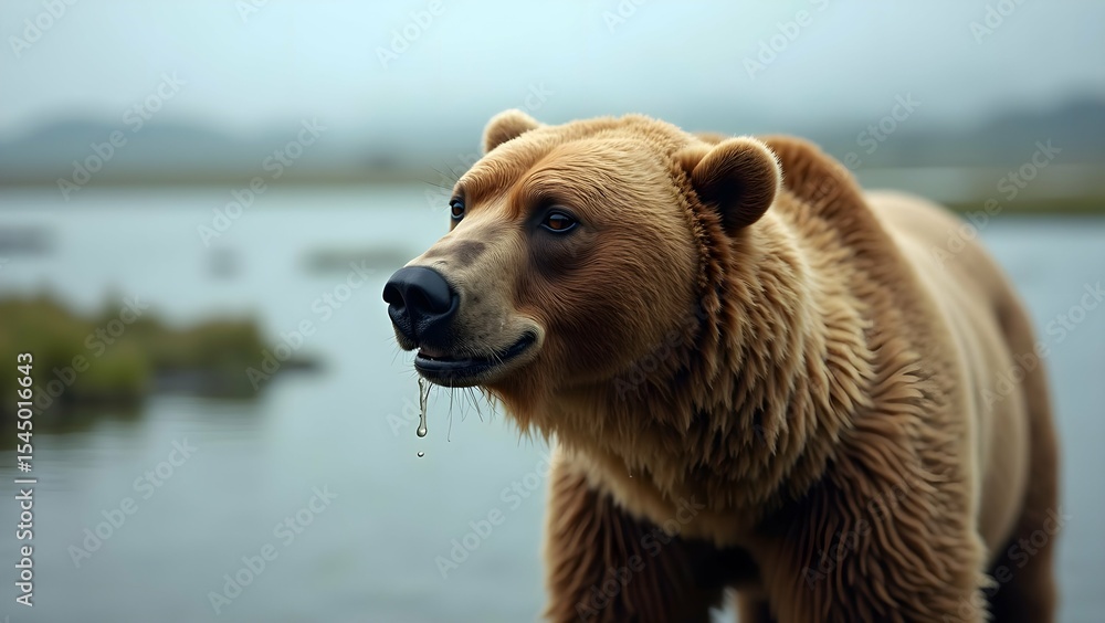 Fototapeta premium Kodiak Bear Sniffing Coastal Air in Estuary Close-Up with Wet Texture