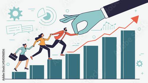 Growth and teamwork, Large hand assists businesspeople climbing graph,