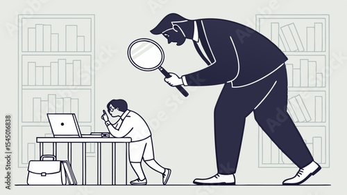 Large businessman uses magnifying glass to examine child working at desk