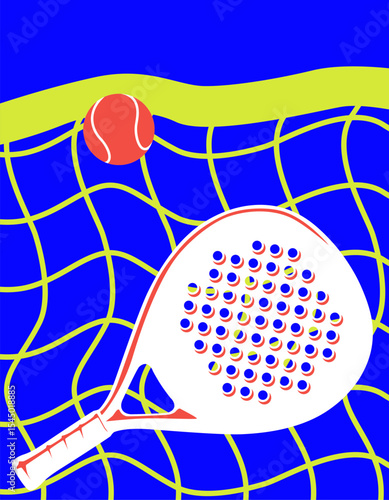 Padel racket and ball with net vector. Padel and tennis ball illustration.
