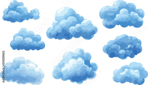Collection of Watercolor Style Blue Clouds on a White Background perfect for adding a touch of whimsy and serenity to any design project with a