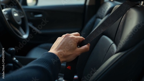 Hand securing seatbelt in a clean, well-lit car interior