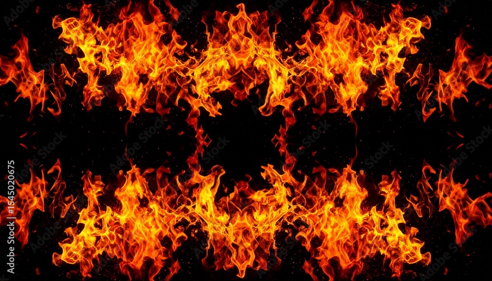 Obraz premium Fiery Abstract Blaze Symmetrical Fire Pattern on Black Background