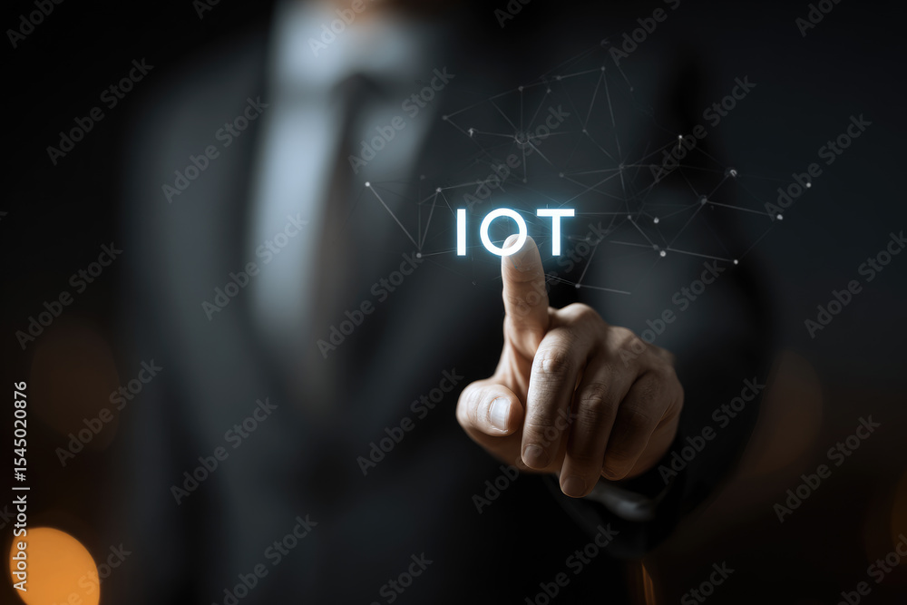 Obraz premium Smart business IOT, internet of things concept. Businessman touching IOT icon on virtual screen, connected internet network to access AI intelligence, business analytics, internet investing