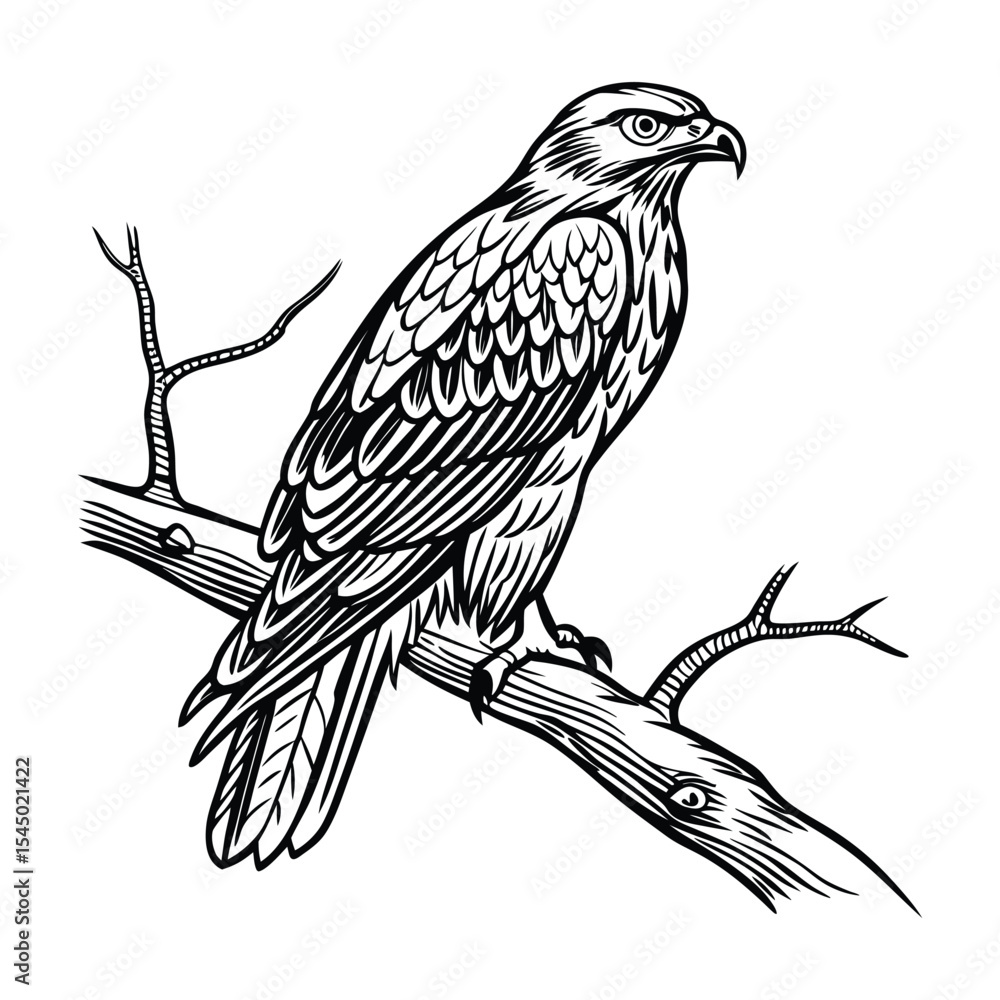 Fototapeta premium silhouette of bird on branch black and white line art illustration vector graphic