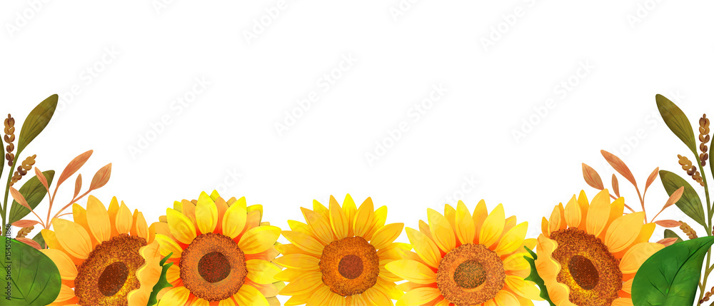Naklejka premium Sunflower border, floral design, hand painted florals, botanical illustration, floral border, summer nature design