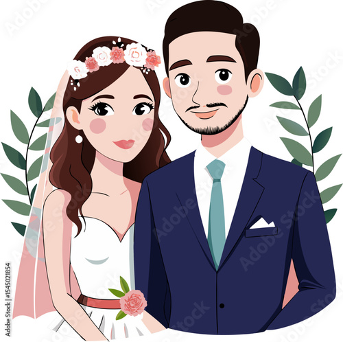 Elegant hand drawn newlyweds set. Just married couple. 