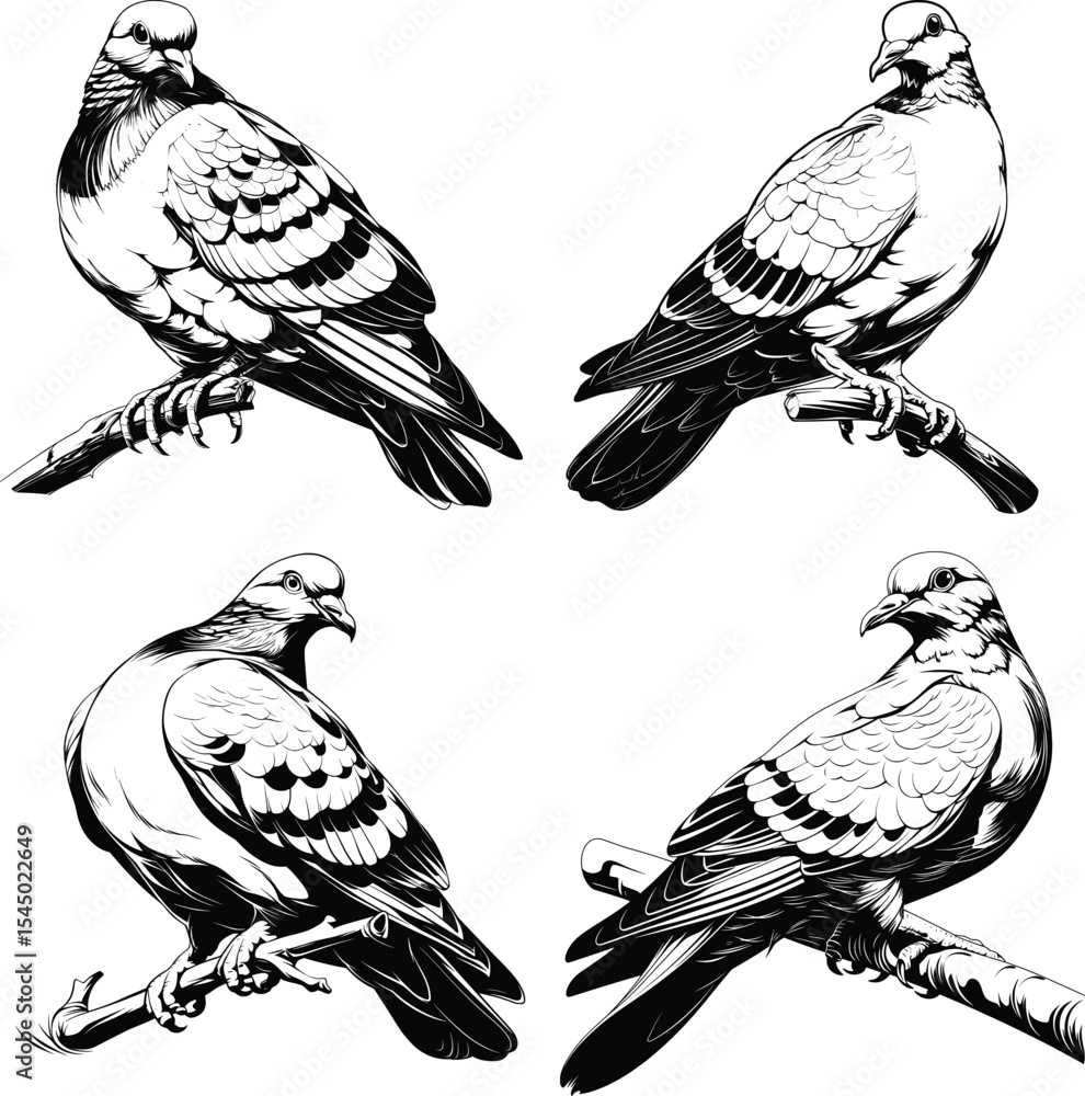 Obraz premium Four Doves Perched Tree Branches Black White Line Art