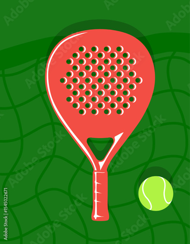 Padel racket and ball with net vector. Padel and tennis ball illustration.