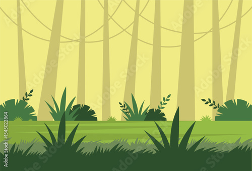  Jungle background. Tropical vector background with green leaves, tree silhouettes. Jurassic forest green flat style scenery template for banner, invitation, card. Wild nature illustration