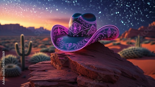 Neon Cowboy Hat Desert Sunset
