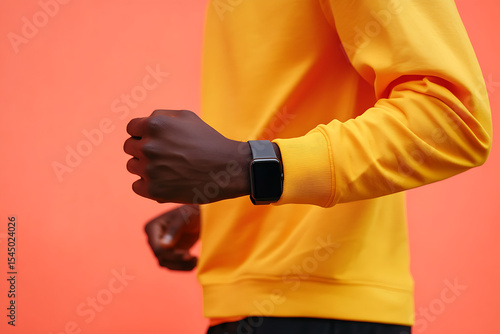 Quick Walking Pose with Time Check Gesture, Clean Backdrop