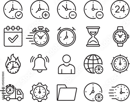 A collection of various time related icons in black and white style