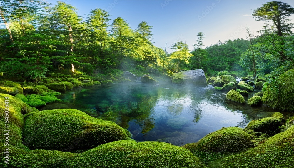 Fototapeta premium enchanting moss covered hot spring in lush forest