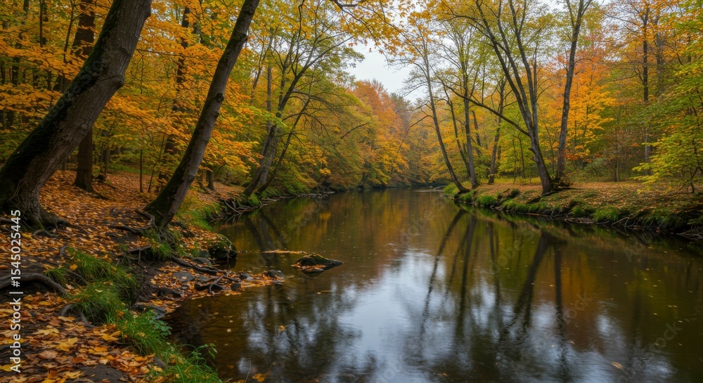 Fototapeta premium Serene autumn river scene, with colorful foliage reflected in calm water
