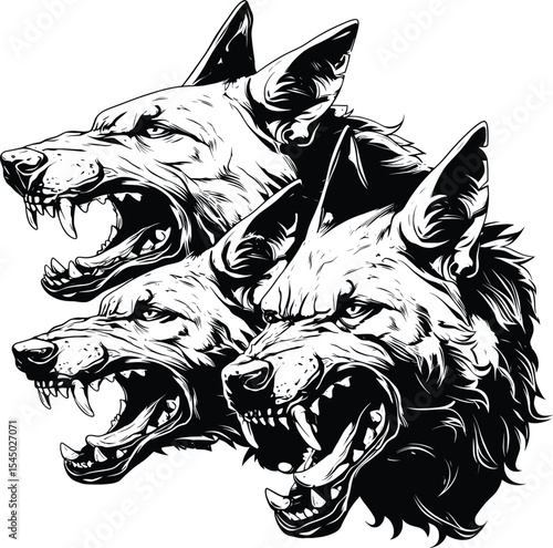 Cerberus Three Headed Mythology Guardian Dog Black White Line Art