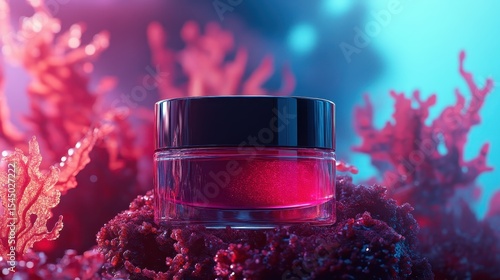 Futuristic Gel Mask Jar with Red Algae in Vibrant Underwater Setting