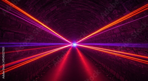 Neon tunnel, vibrant colors, stone walls