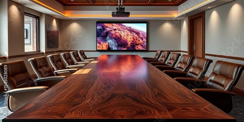 Long rustic wood conference table, leather chairs, projector screen, projector, presentation