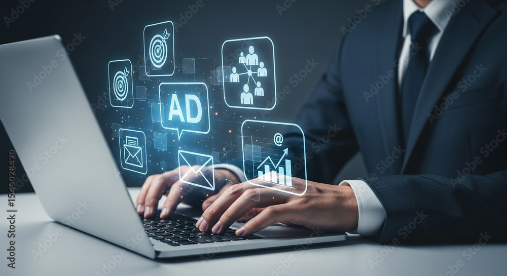 Person in suit typing on laptop with digital marketing icons hovering above the keyboard area Person in suit typing on laptop with digital marketing icons hovering above the keyboard area