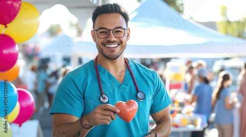 Smiling Doctor Holding Heart at Community Health Fair Promoting Wellness