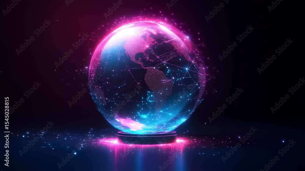 Glowing earth globe inside glass sphere on dark background. Connected network with pink and blue color. Digital world map with dots and lines. Glowing earth globe inside glass sphere on dark background. Connected network with pink and blue color. Digital world map with dots and lines.