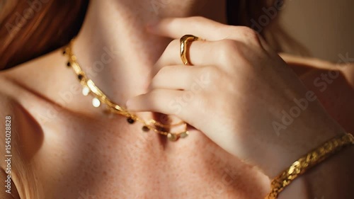 Elegant display of golden jewelry on a model with soft lighting in a serene setting