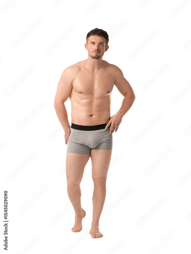 Young man in stylish light grey underwear on white background Young man in stylish light grey underwear on white background
