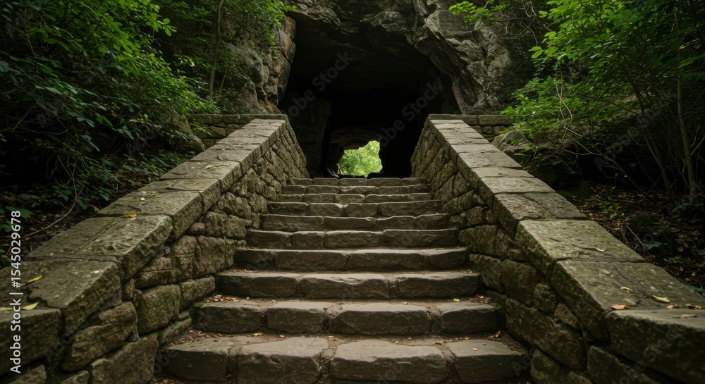 Obraz premium Stone steps ascend towards a dark cave entrance nestled within a lush, green forest