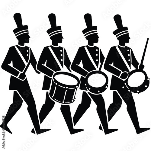 Four drummers marching in uniform