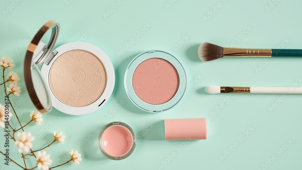 Pastel Flat Lay of Makeup Products with Blush, Powder & Brushes on Mint Background Pastel Flat Lay of Makeup Products with Blush, Powder & Brushes on Mint Background