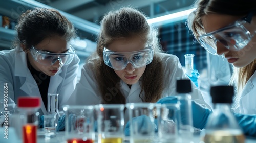A photo realistic science lab scene showcasing teenagers in safety goggles engaged in chemistry experiments, fostering teamwork and creativity.
