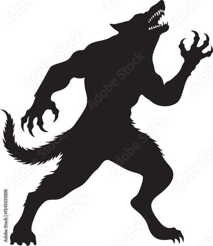 silhouette of a werewolf howling at the moon. Halloween legendary monster. Angry werewolf standing silhouette vector