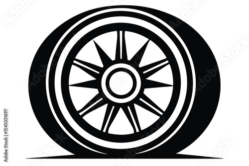 Flat tire with spoke rim in black and white vector graphic illustration