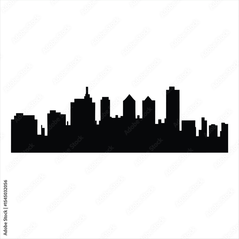 Naklejka premium Simple vector silhouette drawing of a city skyline against white backdrop