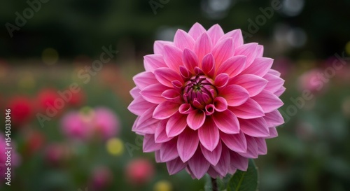 A close-up of a vibrant pink dahlia, its petals delicately layered, stands out against a blurred backdrop of other flowers