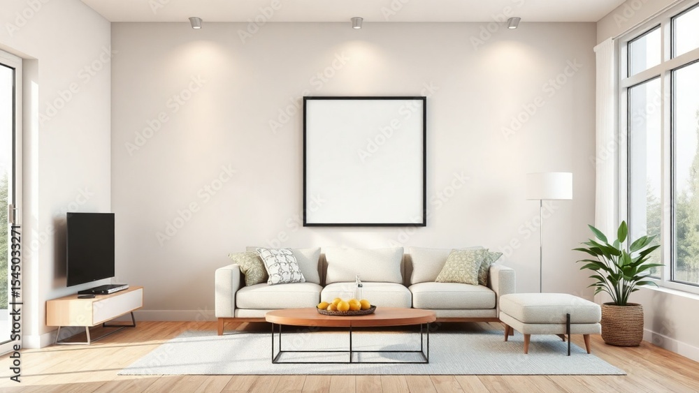 Fototapeta premium Frame mockup, ISO A paper size. Living room wall poster mockup. Interior mockup with house background. Modern interior design. 3D render