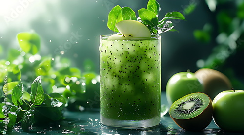 A glass of green juice with apple and kiwi fress