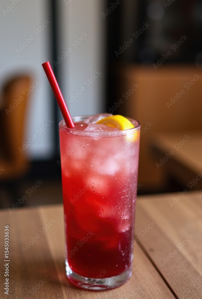 A glass of berry-infused iced tea with a hint of citrus, served on a wooden table A glass of berry-infused iced tea with a hint of citrus, served on a wooden table