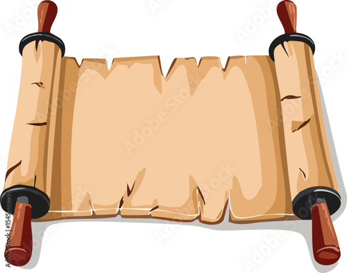 A crumpled parchment scroll tied with a leather strap, placed on a clean white surface. The texture of the paper is rough and fibrous, with slightly burned edges for an aged appearance