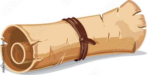 A crumpled parchment scroll tied with a leather strap, placed on a clean white surface. The texture of the paper is rough and fibrous, with slightly burned edges for an aged appearance