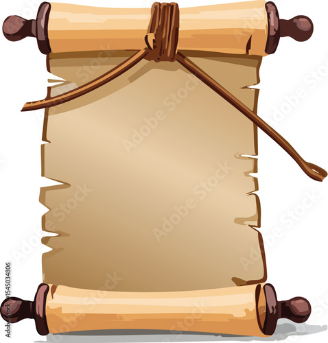 A crumpled parchment scroll tied with a leather strap, placed on a clean white surface. The texture of the paper is rough and fibrous, with slightly burned edges for an aged appearance