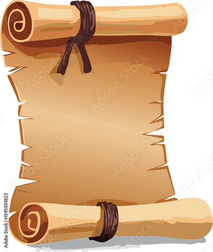 A crumpled parchment scroll tied with a leather strap, placed on a clean white surface. The texture of the paper is rough and fibrous, with slightly burned edges for an aged appearance