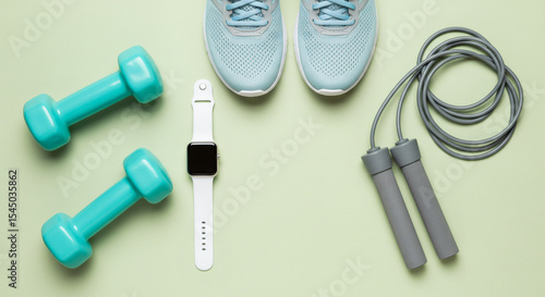 Workout flat-lay with sneakers, dumbbell, skipping rope, headphones and watch on green background top view 03