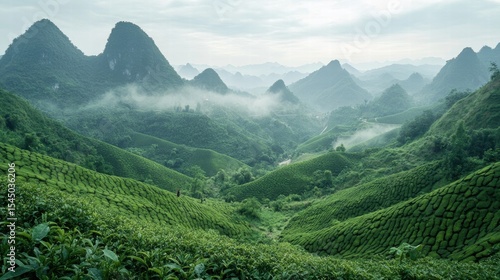 Lush Green Tea Plantations in Vietnam's Misty Mountain Valleys