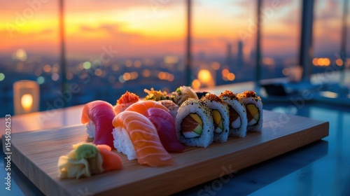 Exquisite Sushi Platter with City View at Sunset Luxury Dining Experience